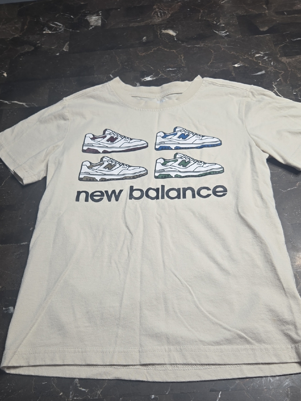 New Balance Cream Tee with Multicolor Sneaker Graphics